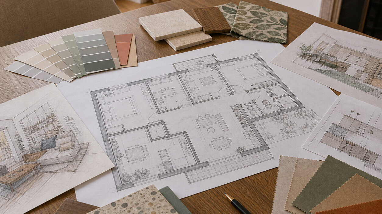 Plan d'appartement avec échantillons de matériaux et esquisses d'aménagement