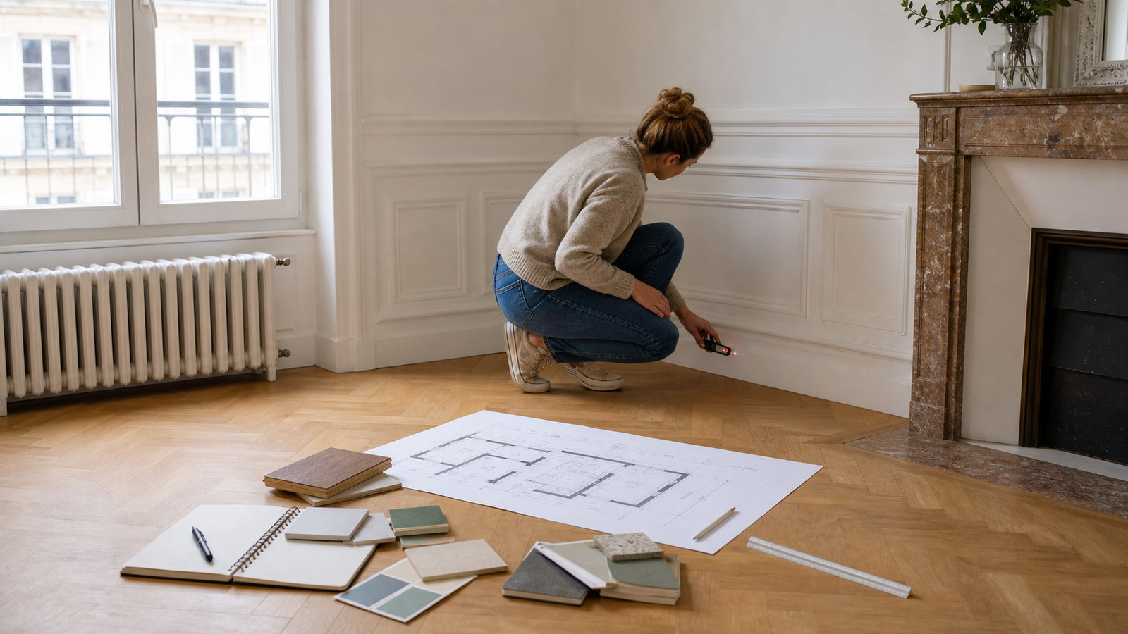 Relevé de cotes d'une pièce avec plan et échantillons de matériaux