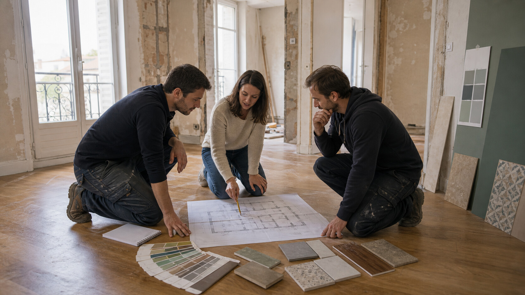 Réunion de chantier intérieur avec plan, carnet de notes et finitions à vérifier